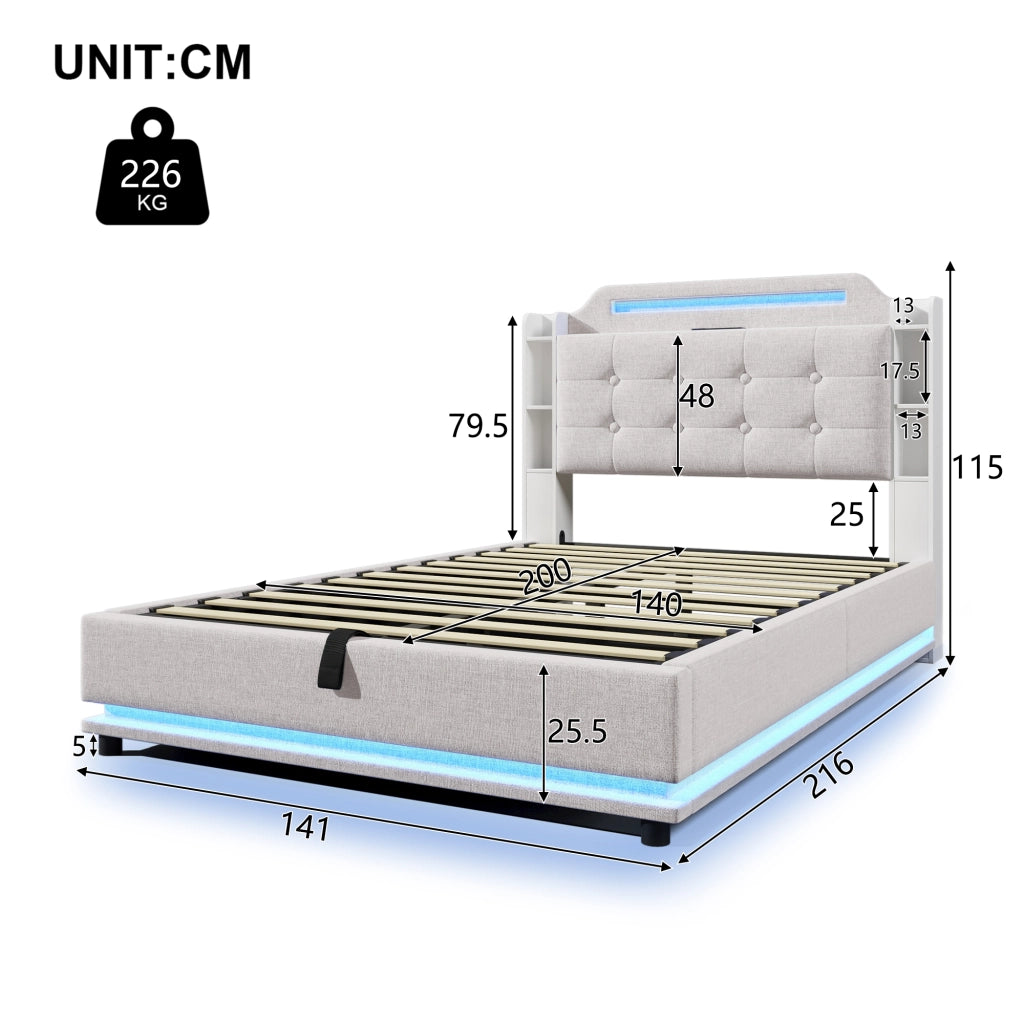 DESMIU Letto Contenitore 140 × 200 cm 2 Posti con LED, USB, Tipo C e Ripiani, Senza Materasso, Lino Beige