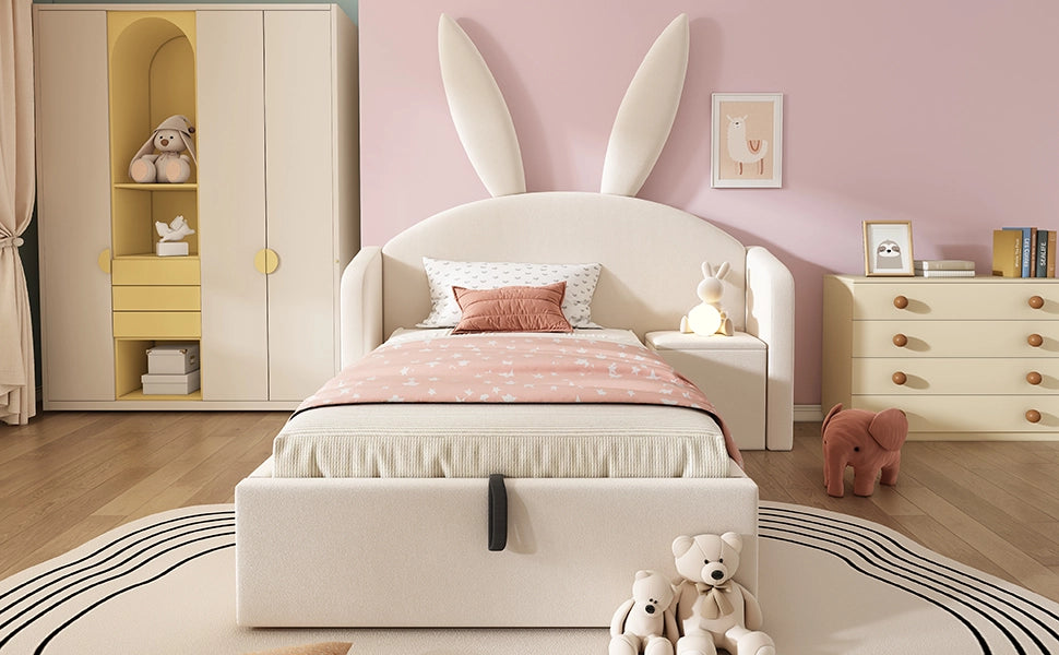 Letto per bambini 90 × 190 cm con testiera a orecchie di coniglio, contenitore idraulico e comodino, senza materasso, beige