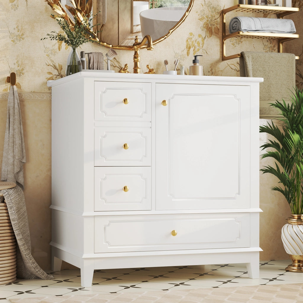 Mobile bagno sottolavabo 76,5 cm con lavabo in ceramica, 2 cassetti, anta e maniglie oro, bianco