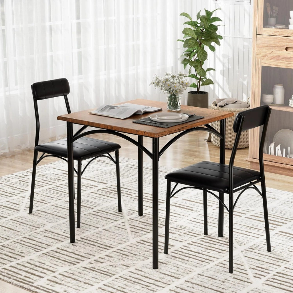 Set da tavolo da pranzo, set da cucina 3 pezzi con tavolo quadrato e 2 sedie imbottite senza braccioli, telaio in metallo, pattini antiscivolo, per sala da pranzo, cucina