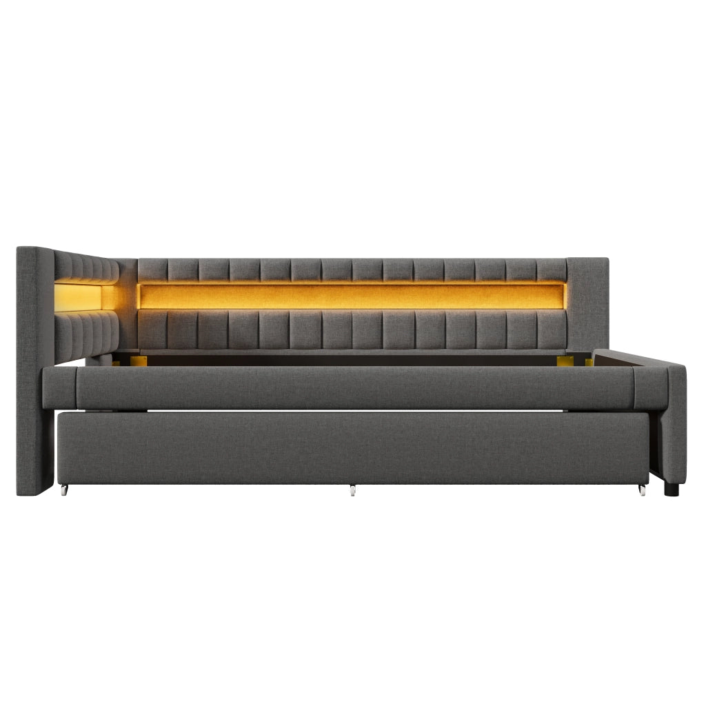 DESMIU Divano Letto 90 × 200 cm con Letto Estraibile, LED, USB e Type-C, Senza Materasso, in Lino, Grigio