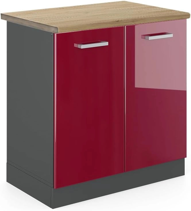 Mobile lavello cucina R-Line, Rosso lucido, 80 cm, PL Rovere, per la libera combinazione all'interno di sistemi cucina modulari