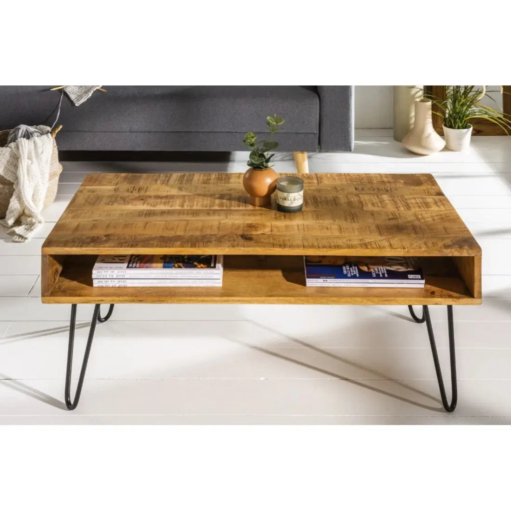 Tavolino SILVA 100 cm in legno di mango massiccio e metallo nero – 2 vani