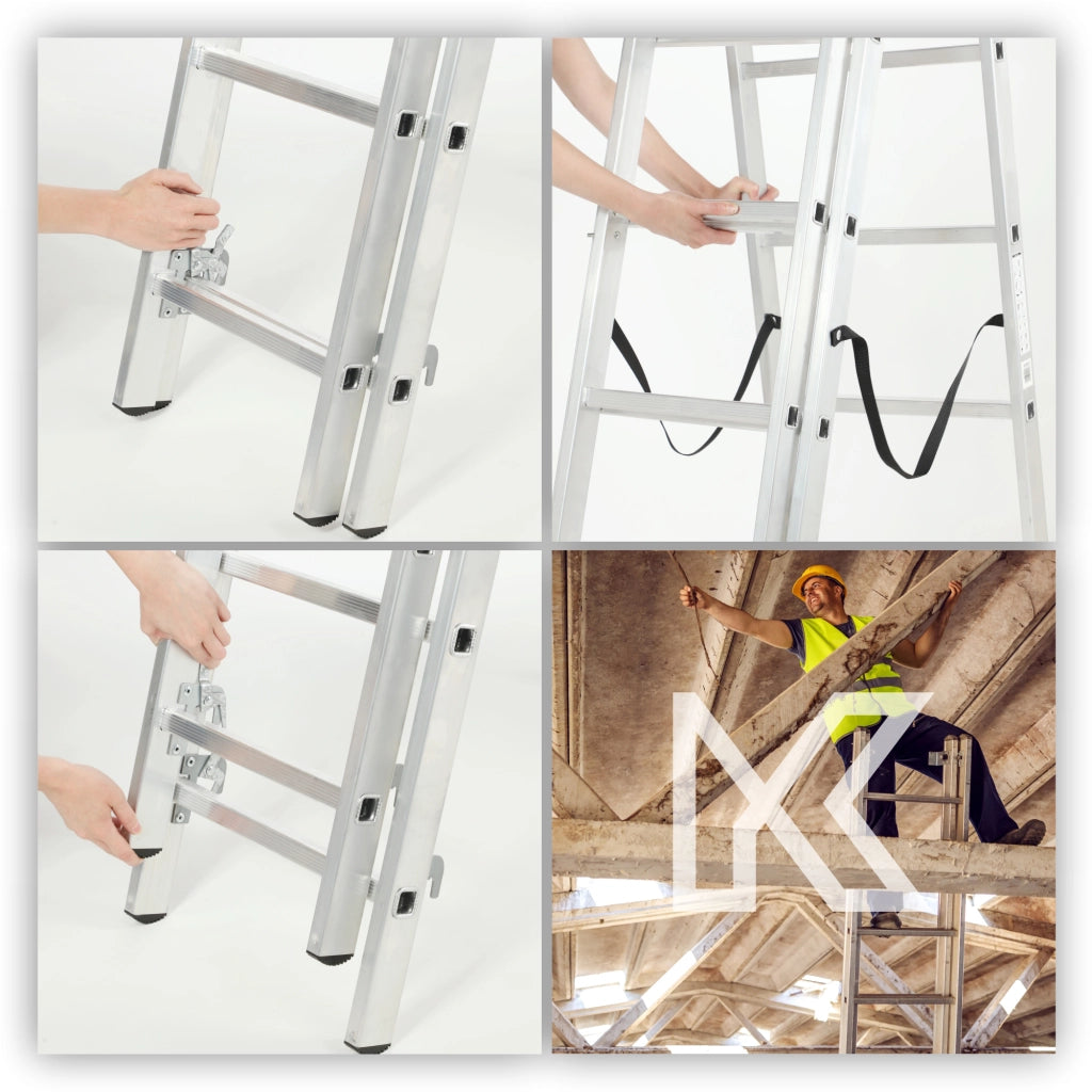 Scala universale in alluminio KADAX 3x8 pieghevole a doppia faccia, robusta + gancio