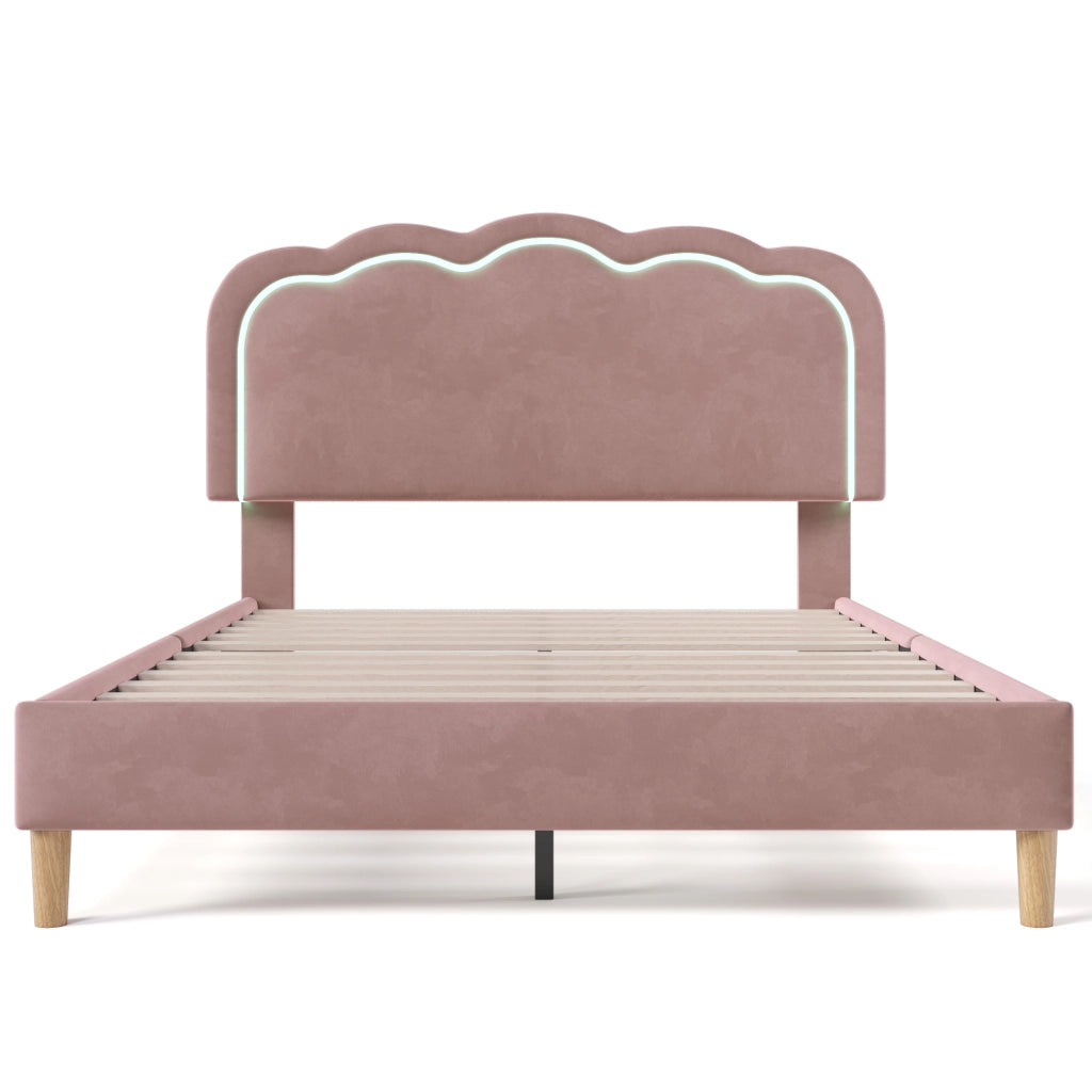 Letto matrimoniale LED – 140x200 cm – testiera regolabile rete – velluto rosa