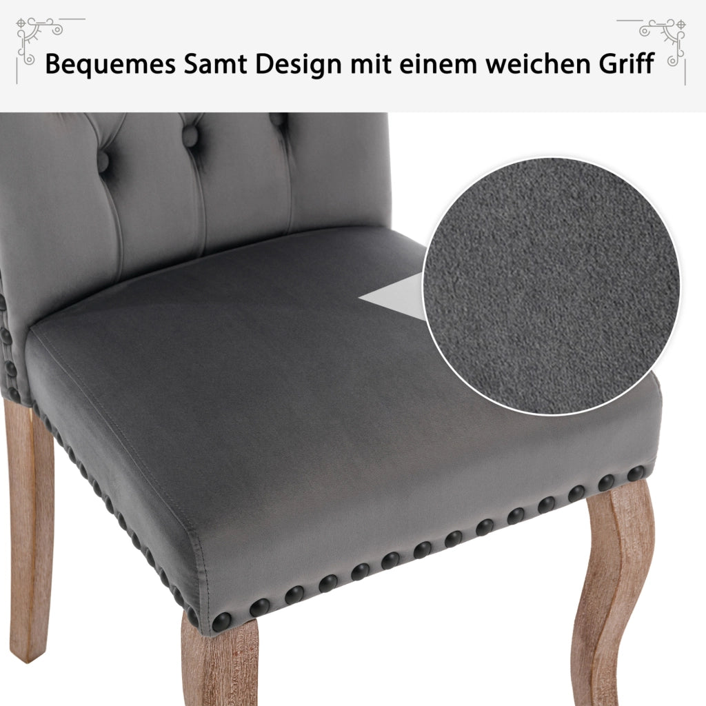 Sedia da pranzo in velluto grigio con schienale decorativo; struttura in legno massello