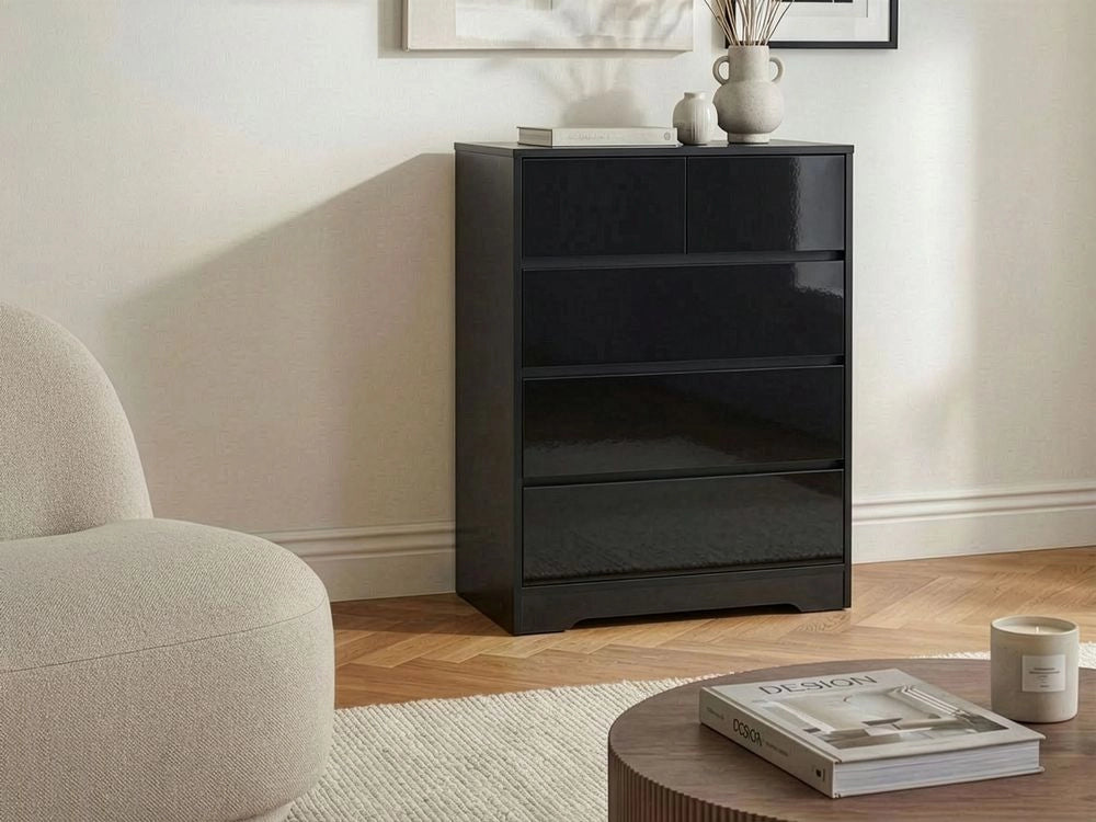 Cassettiera scandinava 5 cassetti piano in legno nero in stile scandinavo