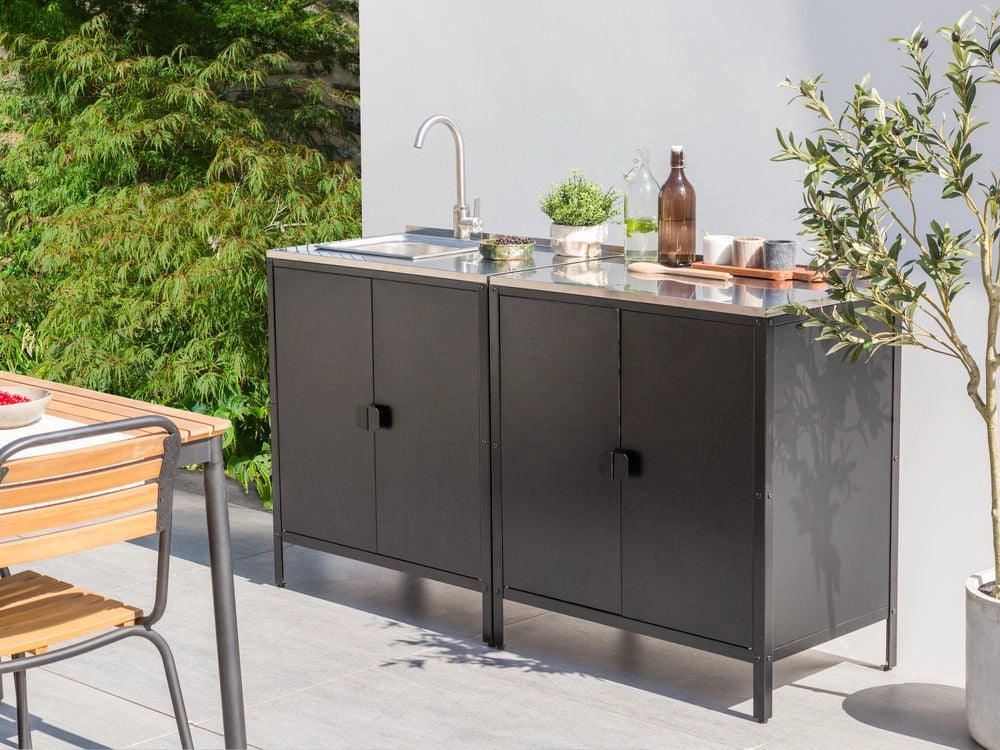 Set di cucina da esterno 2 elementi in acciaio inox nero 2 armadietto e lavello a leva cucina esterna