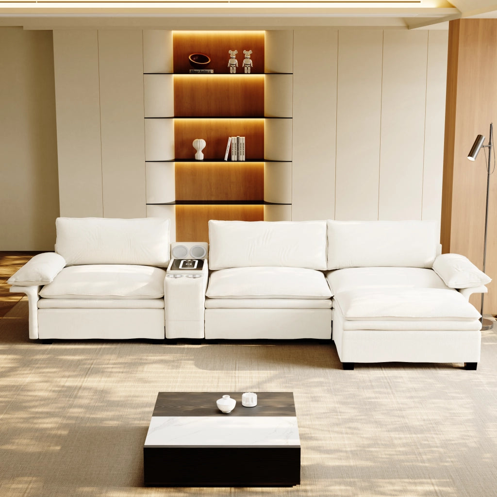 Divano angolare modulare 4 posti con contenitore ricarica wireless audio bluetooth e luci in chenille beige e bianco