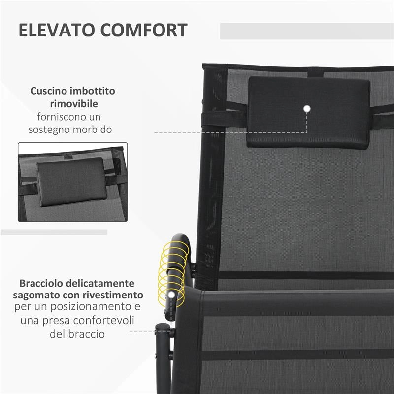 SEDIA SDRAIO A DONDOLO ZERO-GRAVITY DA ESTERNO IMPERMEABILE CON POGGIATESTA, 155X61X88 CM, NERO