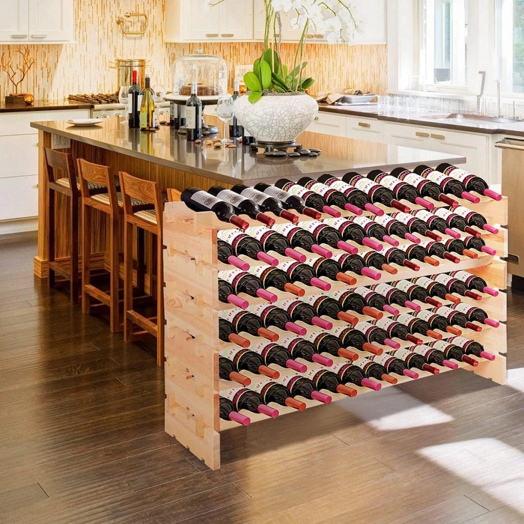 Porta Bottiglie di Vino per 72 Bottiglie, Porta Vino da Terra Impilabile Espandibile, Cantinetta Vino Legno per Angolo Bar, Salotto, Cucina, Bistrot, Ristorante, 119 x 29 x 71,5 cm, Naturale