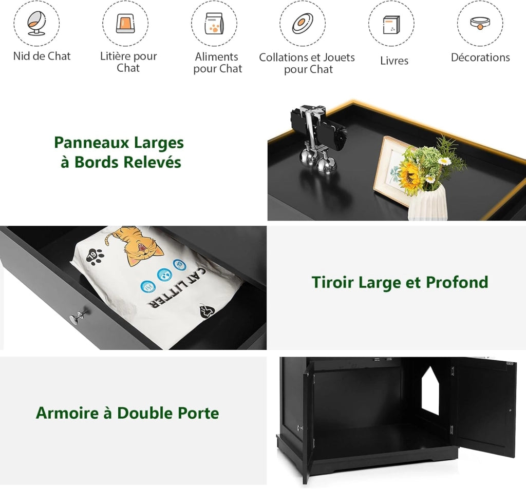 Mobile Lettiera per Gatti con 2 Ante e Cassetto, Armadio per Gatto in Legno con Ingresso Laterale, Grotta Rifugio Multiuso per Soggiorno, Camera da Letto e Ingresso, 76 x 53 x 74 cm (Nero)