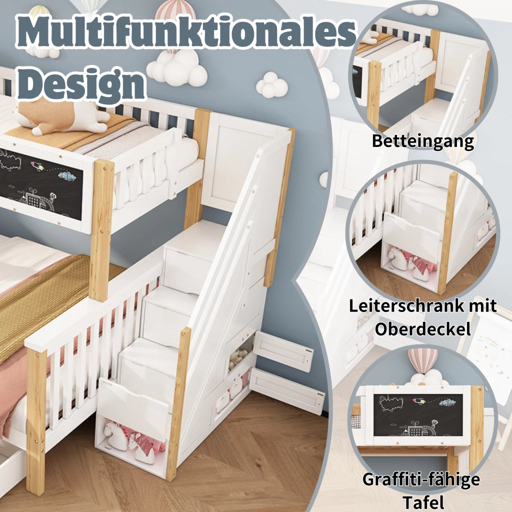 Letto a Castello 90x200 cm e 140x200 cm; 2 Posti - Lavagna; Cassetti - in Legno