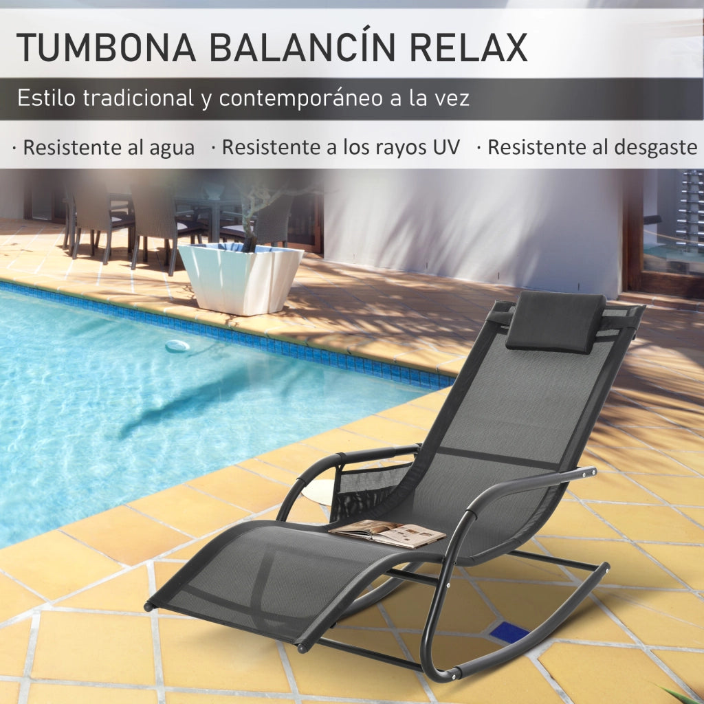 Poltrona dondolo per esterno con braccioli e schienale imbottito, 150x62x88 cm, nero ¨C zephmum ¨C poltrona da giardino reclinabile