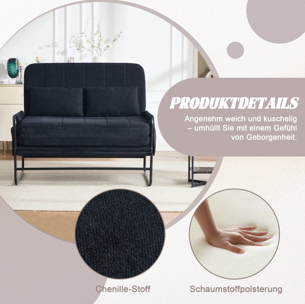 Divano letto a 2 posti convertibile in chenille nero con struttura in metallo; 104x85x92 cm