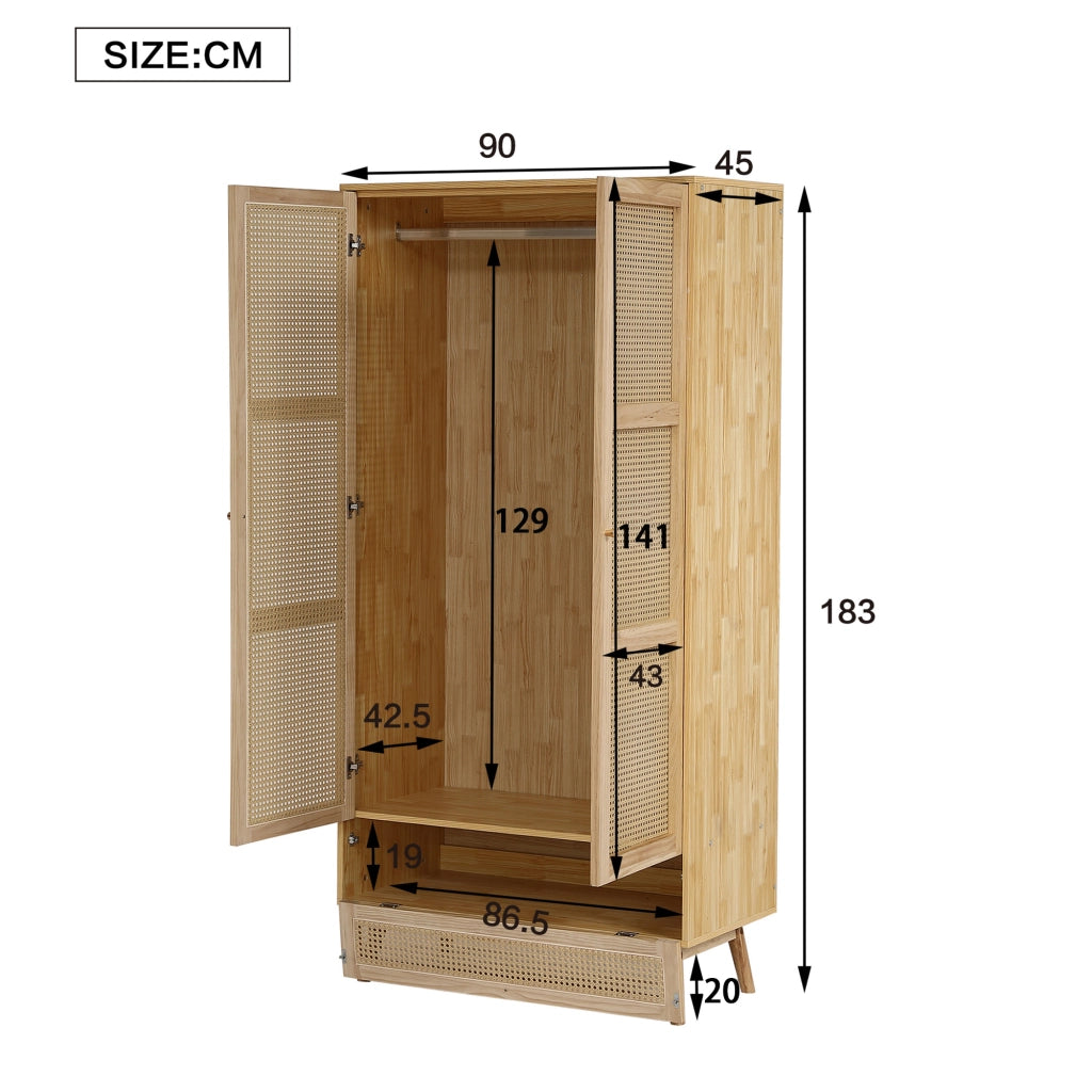 Armadio a 2 ante con barra appendiabiti e vano inferiore ribaltabile per camera da letto e soggiorno naturale 90 × 45 × 183 cm
