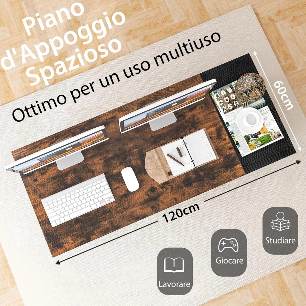 Scrivania da 120CM/140CM con 2 Cassetti, Gancio e Ripiano, Moderna e Multiuso per Studio, Ufficio e Camera da Letto, Marrone Rustico e Nero (140 x 75 x 60 cm)