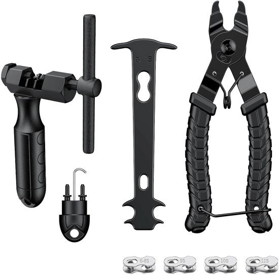 Kit di riparazione catena bicicletta con spezzatore catena, pinza Master Link, tester catena e 4 paia di anelli mancanti per biciclette da 6 a 12 velocità.