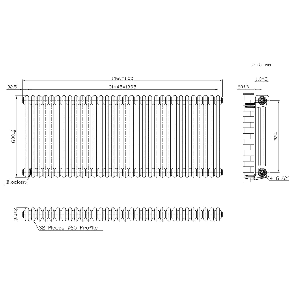 Radiatore 3 Colonne Orizzontale Metallo Grezzo 600x1460 mm