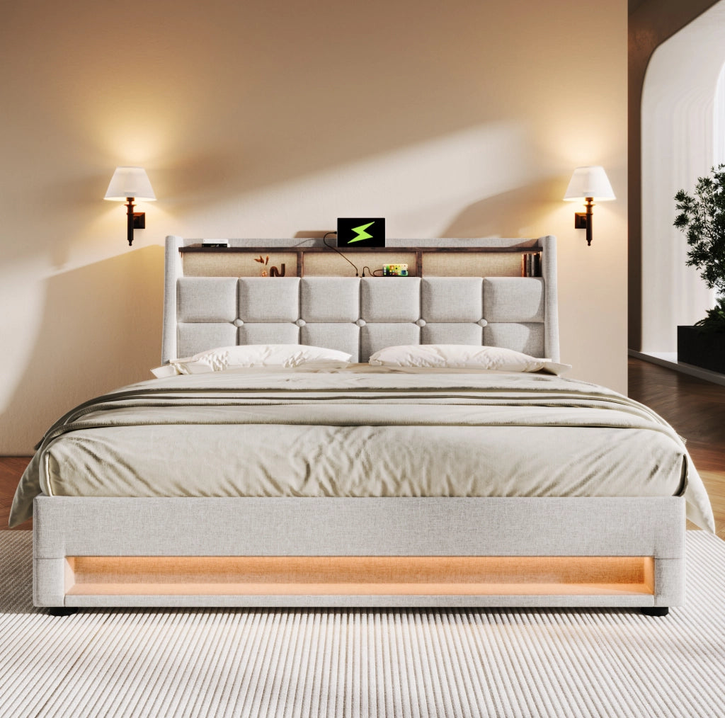 Letto imbottito 180x200 cm beige con LED, USB e vano contenitore