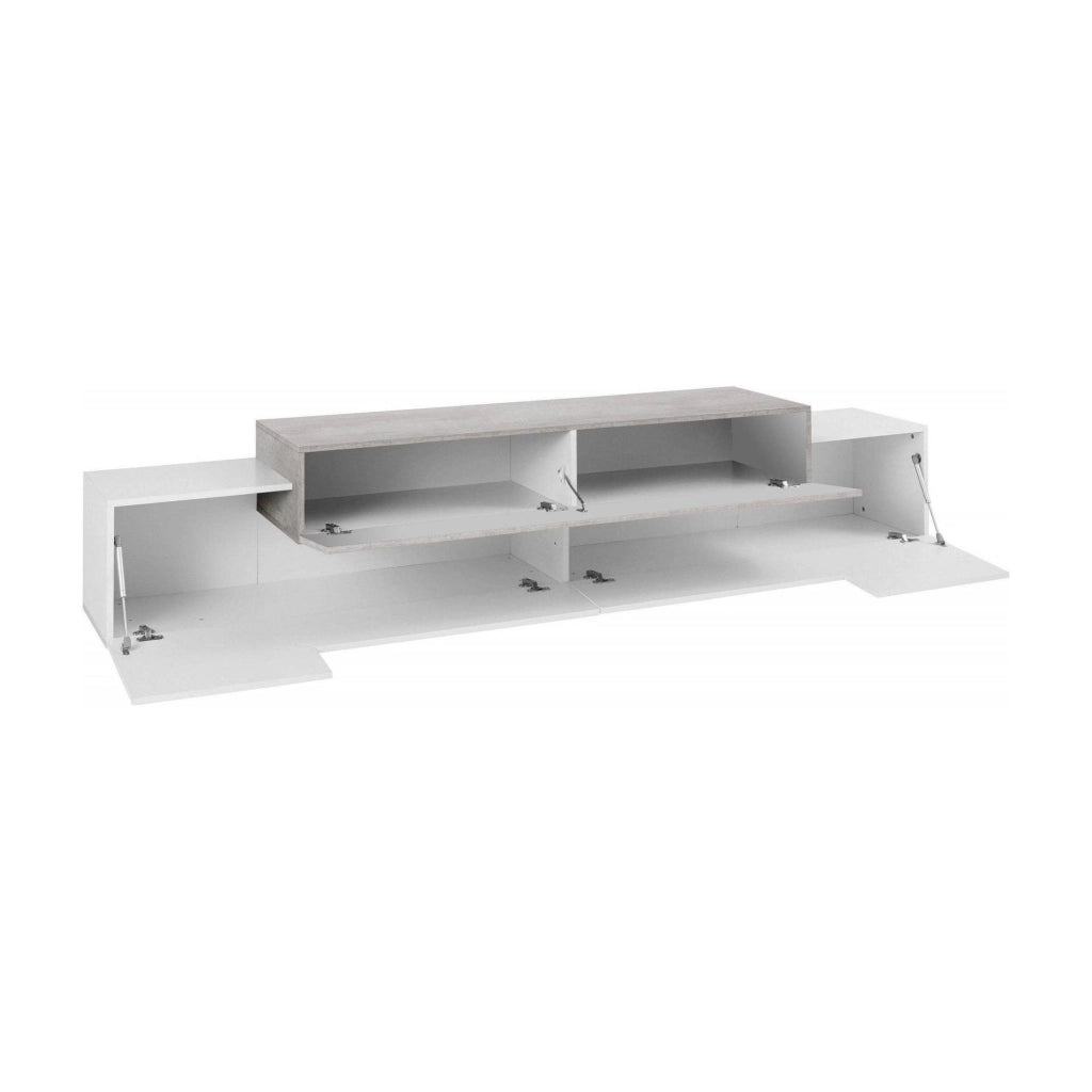 Mobile da soggiorno Porta Tiche, Made in Italy, Supporto per Tiche da salotto a 3 ante e ripiani, cm 240x45h52, Bianco lucido e Acero