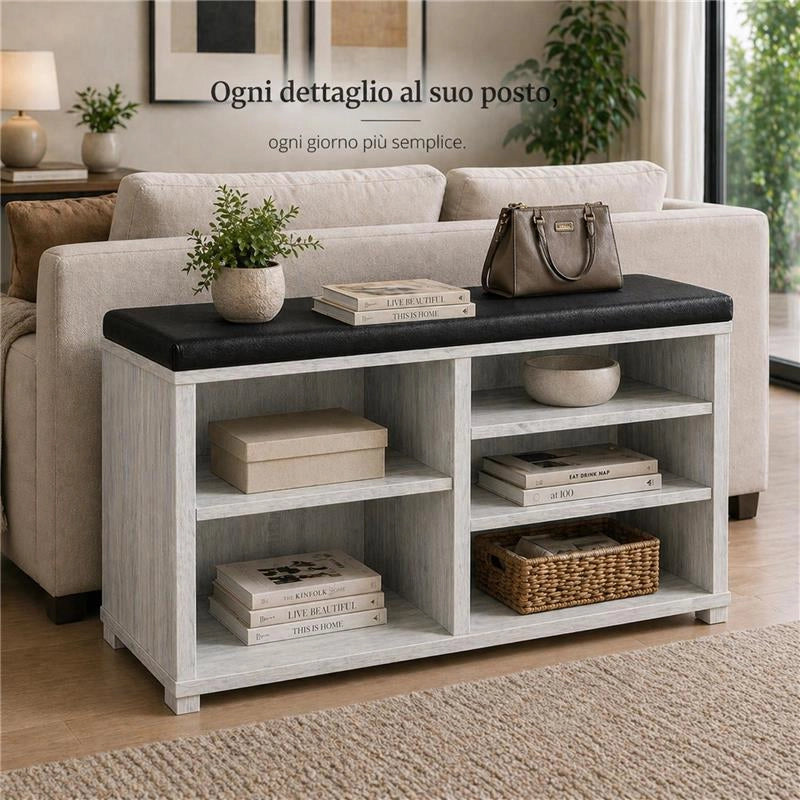 SCARPIERA IN MDF COLOR BIANCO LEGNO CON RIPIANI E SEDUTA IN SIMIL PELLE NERA DIMENSIONI 80X30X47 CM