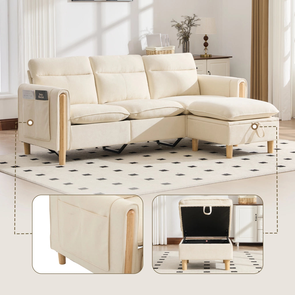 Divano ad angolo reversibile 3 posti con vano contenitore e tasche laterali in ciniglia beige