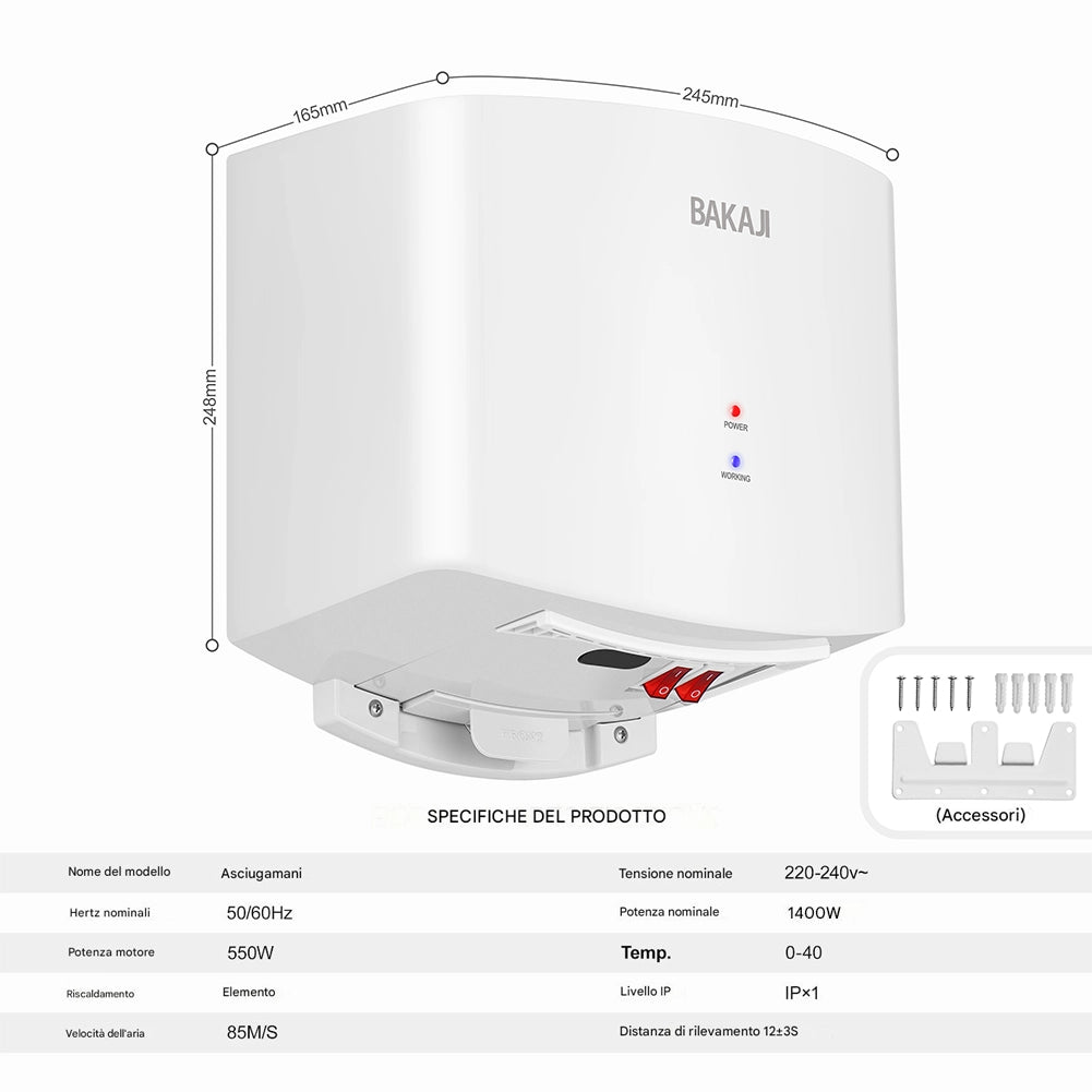 Asciugamani Elettrico a Parete Automatico per Bagno 1400W Aria Fredda e Calda