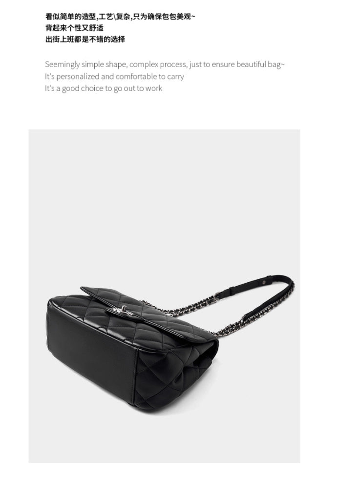 Borsa a tracolla da donna in vera pelle con catena a maglia romboidale, colore nero.
