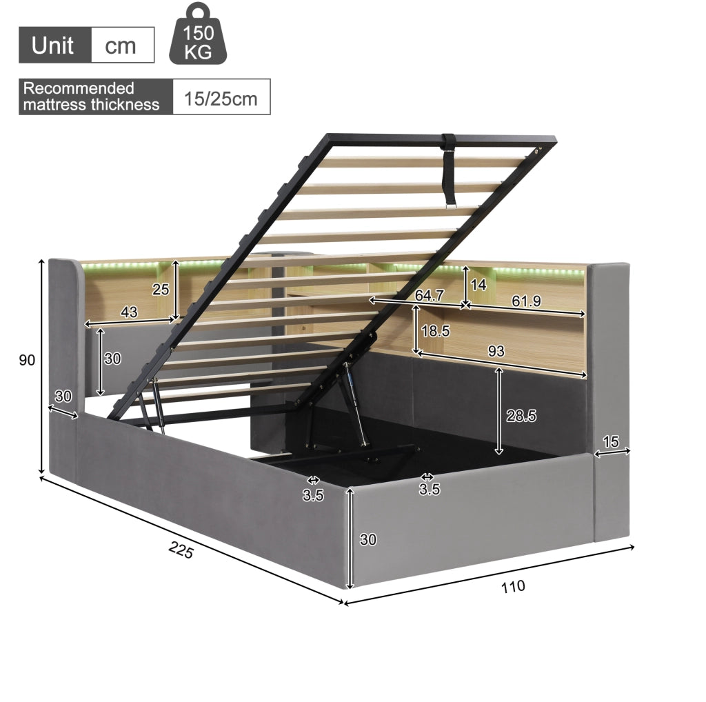 Letto imbottito 90x200 cm con contenitore idraulico; LED; USB e Type-C; velluto grigio
