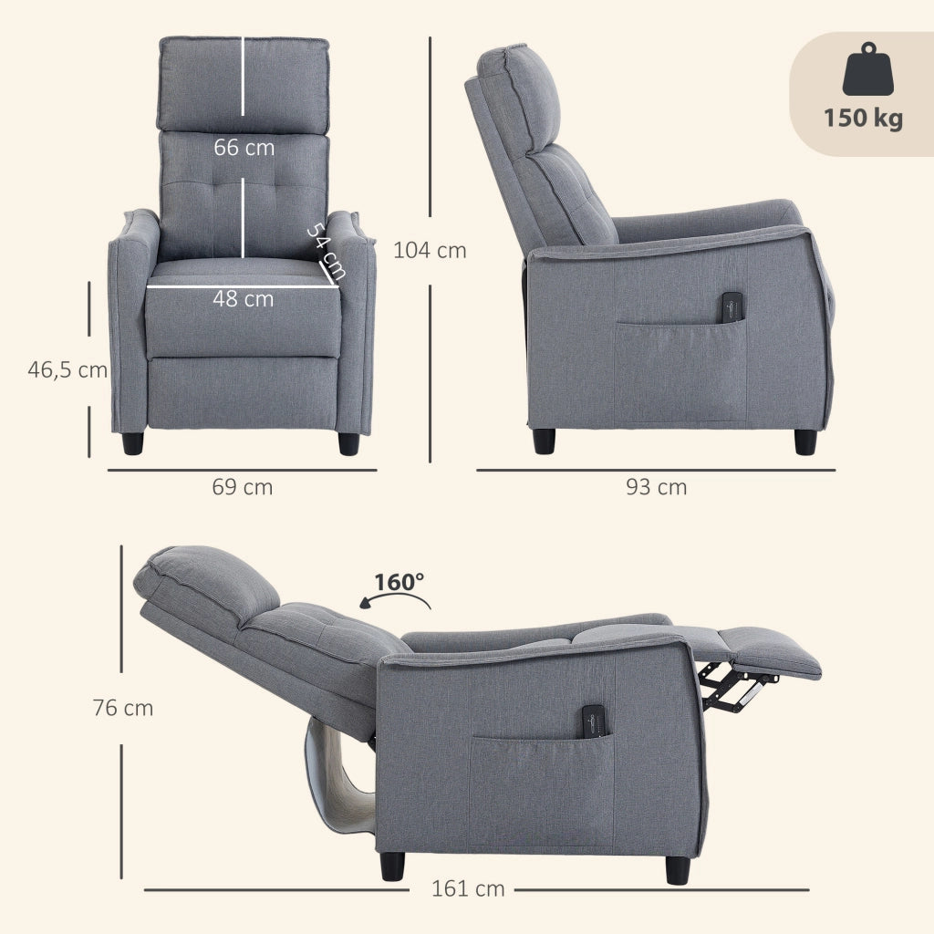 Poltrona Massaggiante  69x93x104 cm Reclinabile a 160° con Poggiapiedi e Telecomando Effetto Lino Grigio Chiaro