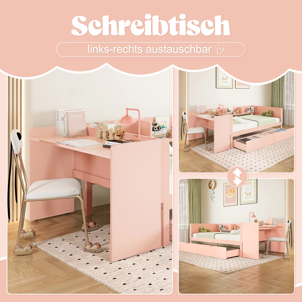 OKWISH Letto Singolo Bambino 90×200 cm con Scrivania, 2 Cassetti, Mensole e Sponda, senza Materasso, in Legno, Rosa