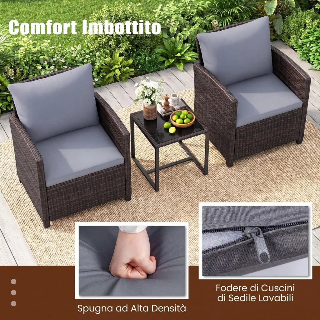 Set Mobili da Giardino 3 Pezzi, Salotto da Esterno in Rattan PE con 2 Poltrone e 1 Tavolino in Vetro Temperato, Set da Conversazione con Cuscini Sfoderabili per Patio (Grigio, Modello 5)