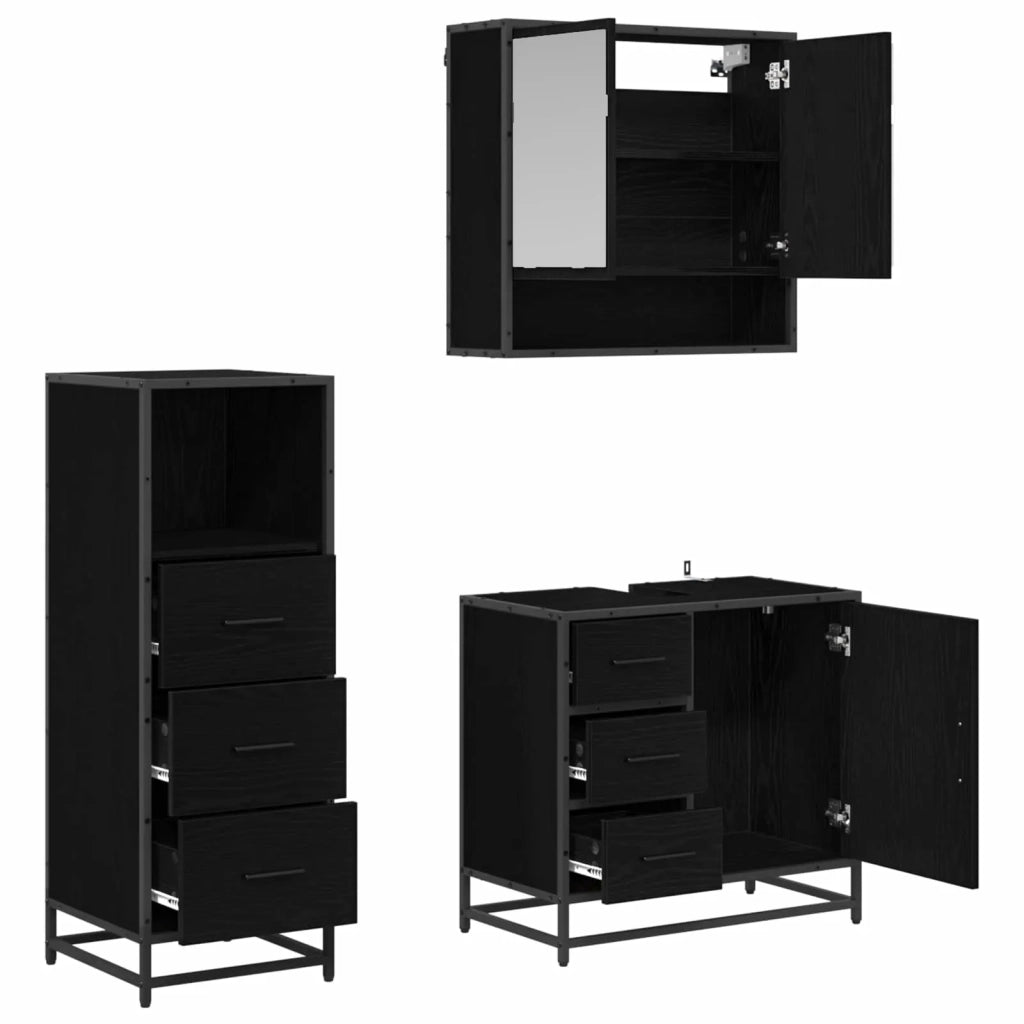 Set di mobili per il bagno 3 pcs Rovere Nero Legno multistrato