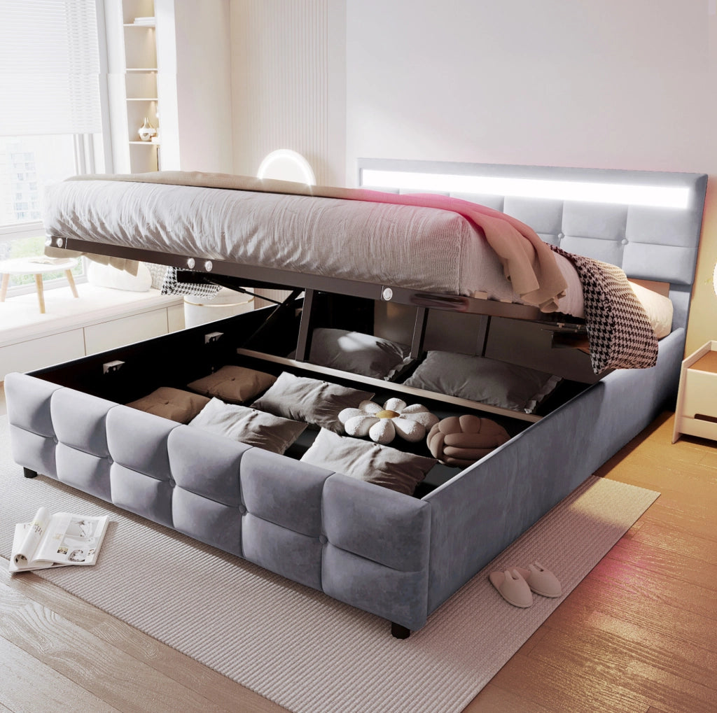 LETTO Imbottito 180x200 cm con LED, Sollevamento Idraulico, Velluto Grigio