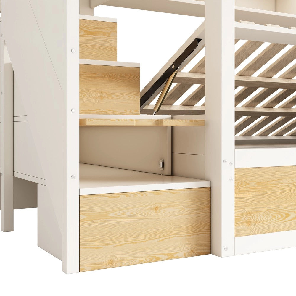 Letto a Castello per Bambini con Scaletta Contenitore ¨C MINIMAL ¨C Bianco/Legno, 90x200, Rete a Doghe