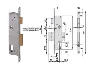 SERRATURA DA INFILARE PER MONTANTI CATENACCIO E SCROCCO 2 MAND. 44225  mm.15 (44225150)    CISA