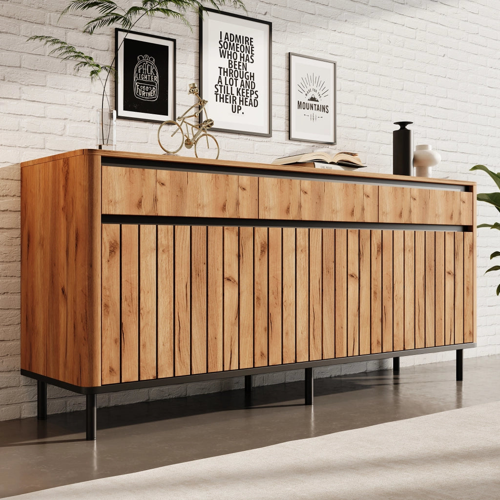 Sideboard moderno 160¡Á40¡Á73 cm in MDF con 3 cassetti e 3 ante a lamelle, 6 piedini in metallo, finitura effetto legno naturale, portata 30 kg