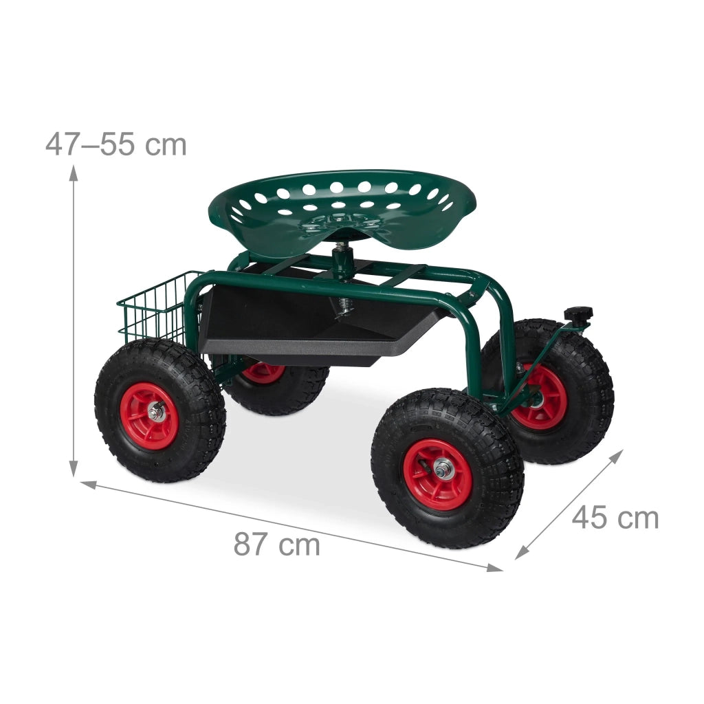 Sedia rotellante da giardino ergonomica regolabile 47 x 45 x 87 cm con pratico porta attrezzi in acciaio verde 13_0016015