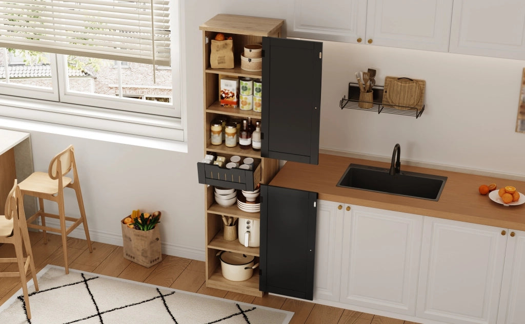 Credenza da cucina 170×40×30 cm in MDF con 2 ante, 1 cassetto e ripiani interni regolabili, colore Natural+Black