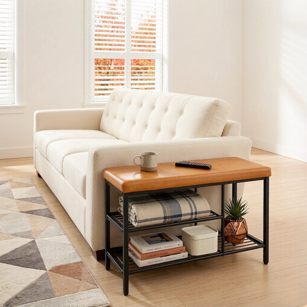 Scarpiera con seduta 3 scomparti Faux Leather Schiuma Metallo Marrone Nero 80 × 30 × 50 cm