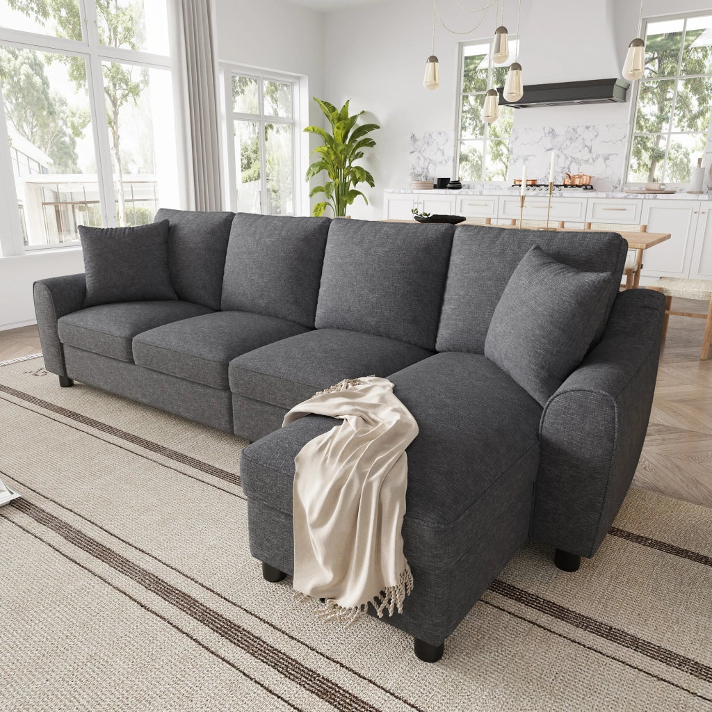 Divano angolare a L a 4 posti con chaise longue contenitore e schienale ribaltabile in chenille grigio 280 × 136 × 82 cm