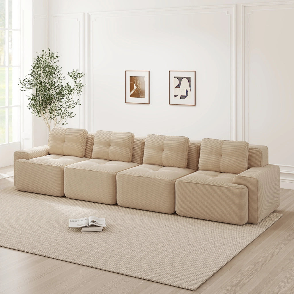divano modulare 4 posti; seduta profonda 74 cm; schiuma 32D; tessuto velluto a coste beige