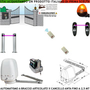 Cancello Automatico Kit Motore a Braccio Articolato 220/24 V Anta da 0,5 a 2,5 MT Centrale 2 Radiocomandi Faro Selettore 2 Paline 2 Fotocellule