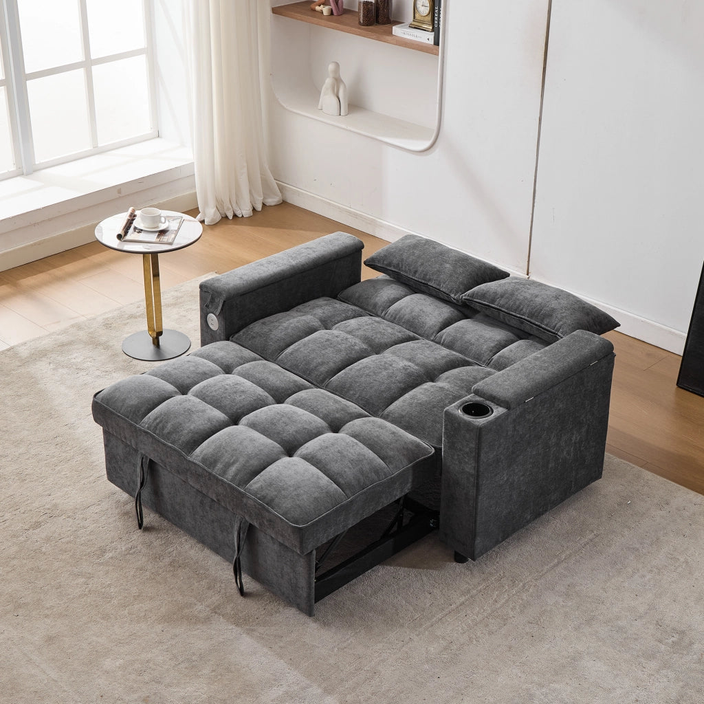 Divano letto pieghevole 3-in-1 grigio con schienale regolabile, USB e vano contenitore