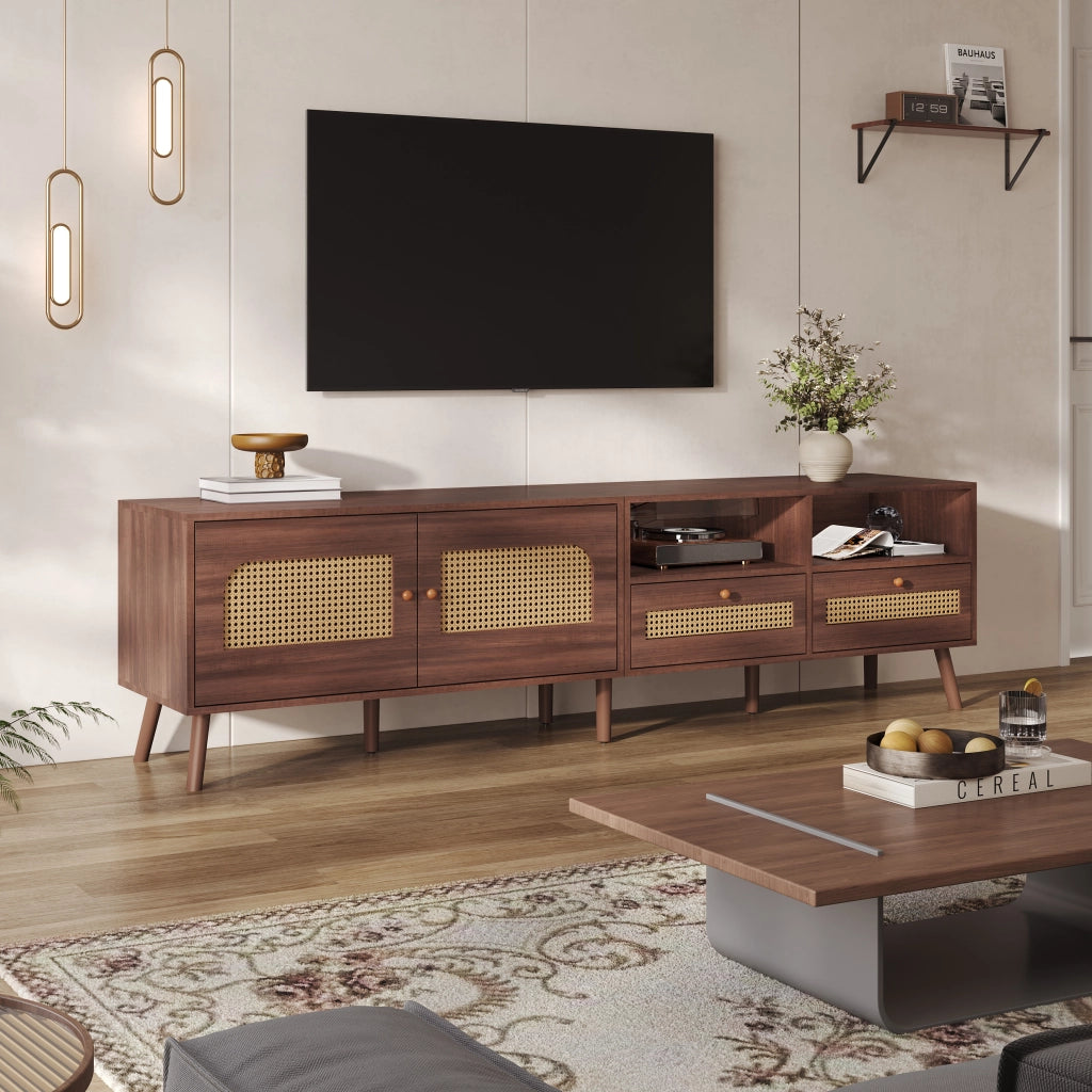 Mobile TV con 2 Ante in Rattan e 2 Cassetti; 8 Piedi; Stile Moderno; Soggiorno; in Pannello Truciolare; Marrone; 200??37??49;5 cm