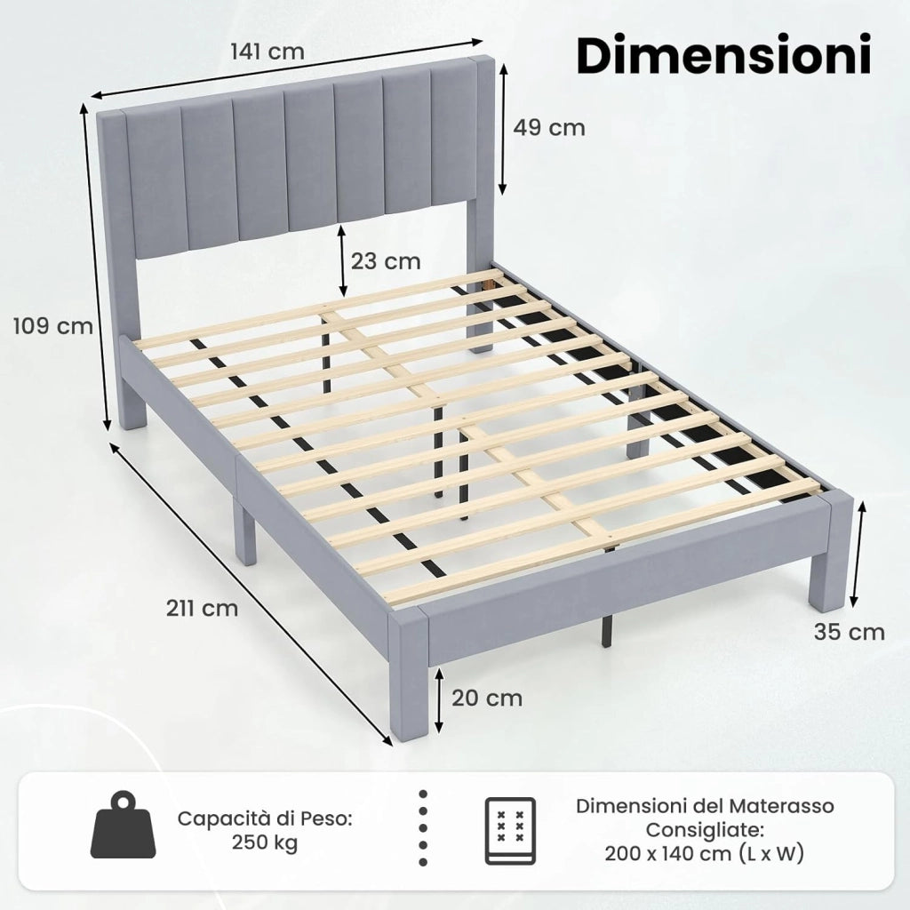 Struttura Letto Imbottito Matrimoniale 140x200 cm, Letto Piattaforma Imbottito, con Testiera in Morbido Tessuto di Velluto e Supporto a Doghe di Legno, Silenzioso, Carico 250kg (Stile 2)