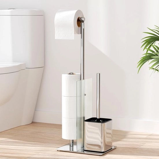 Supporto per carta igienica in stile wc con spazzola per wc - set in acciaio inossidabile - argento