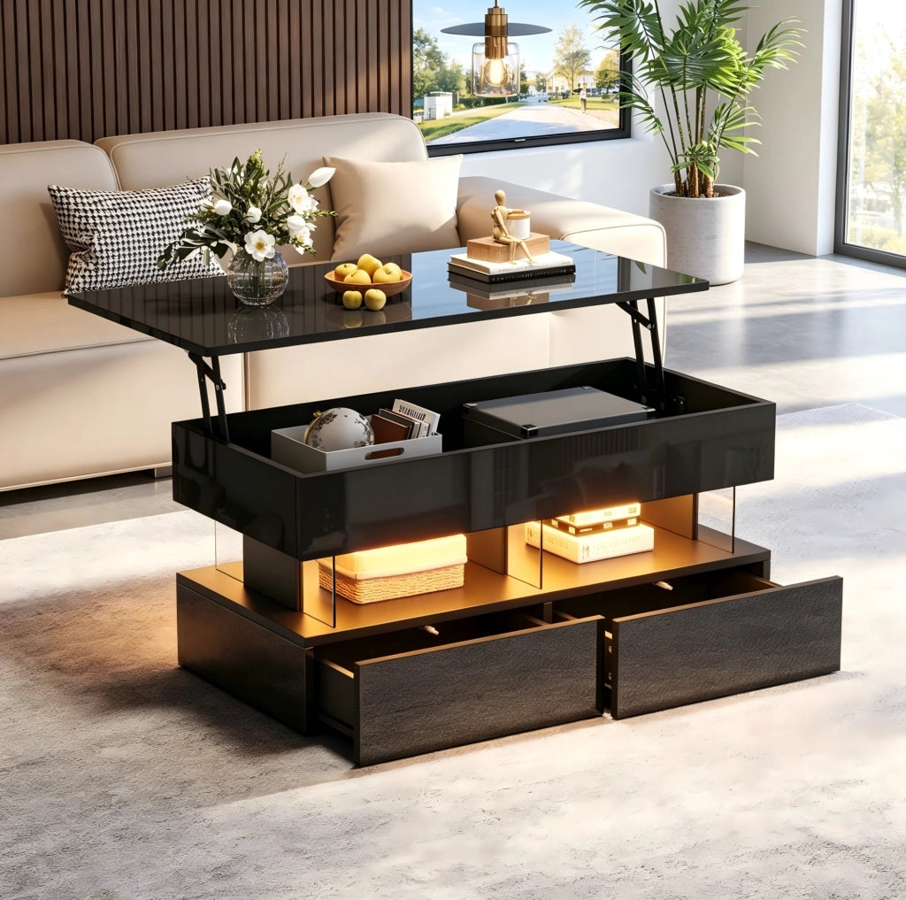 Tavolino da caffè 100x50x46 cm con piano sollevabile; spazio nascosto; 2 cassetti; LED; MDF nero