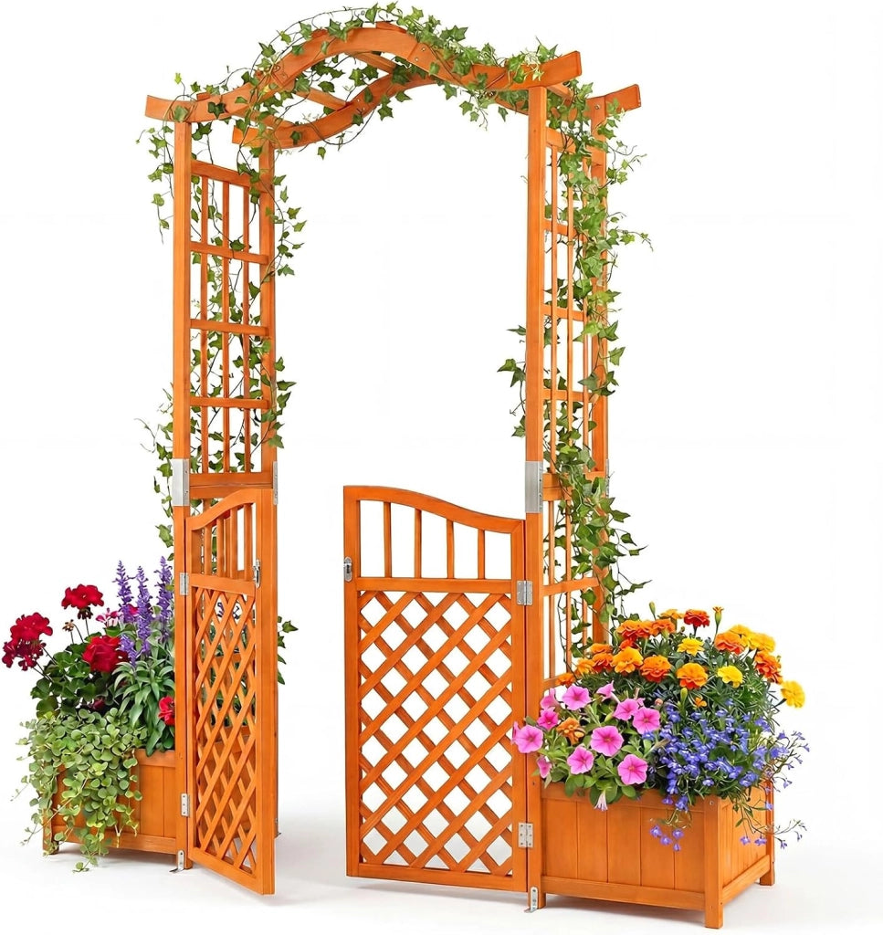 Arco da Giardino con Fioriere, Letto da Giardino Rialzato con Traliccio, Tetto, Fori di Drenaggio, Fondo Rimovibile e Cancelli Chiudibili, Pergolato da Esterno in Legno per Feste e Matrinomio